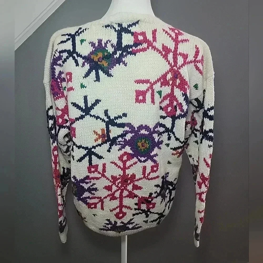Vintage Grandma Hand Knit Cardigan Sweater Rami/Cotton Blend XL Colorful - Picture 4 of 6